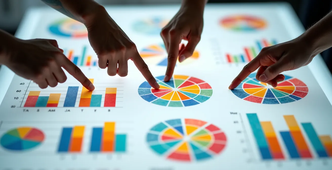Gros plan sur des mains analysant des graphiques colorés sur une table lumineuse